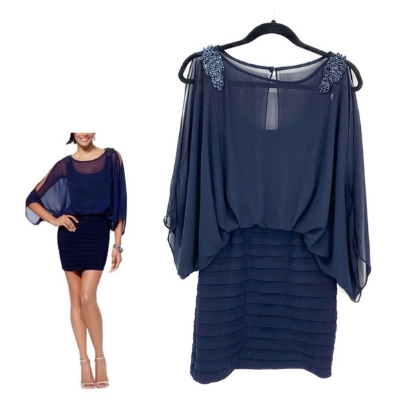 Cache Navy Blue Beaded Chiffon Slit Sleeve Blouson Mini Cocktail Dress Size 2 - Picture 1 of 12